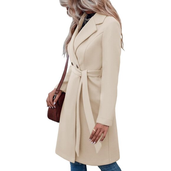 Womens Beige Pea Notched Lapel Double Breasted Business Casual Trench Coats - Picture 4 of 5